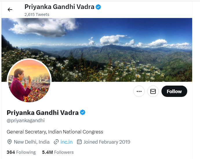 An Image of Priyanka Gandhi Vadra Twitter Profile 