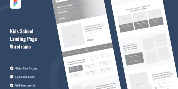 Banner image of Premium Kids School Landing Page Wireframe Figma Template  Free Download