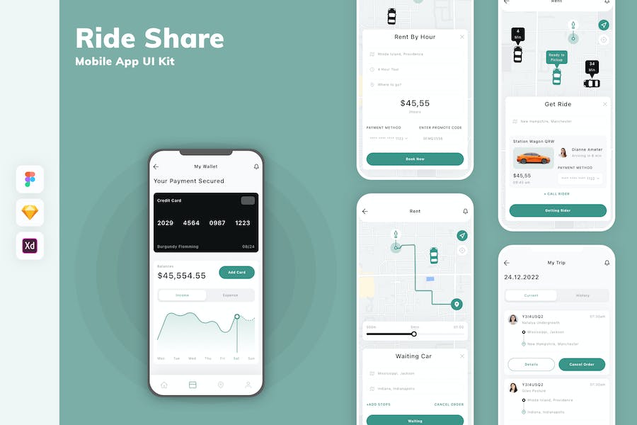 Banner image of Premium Ride Share Mobile App UI Kit  Free Download