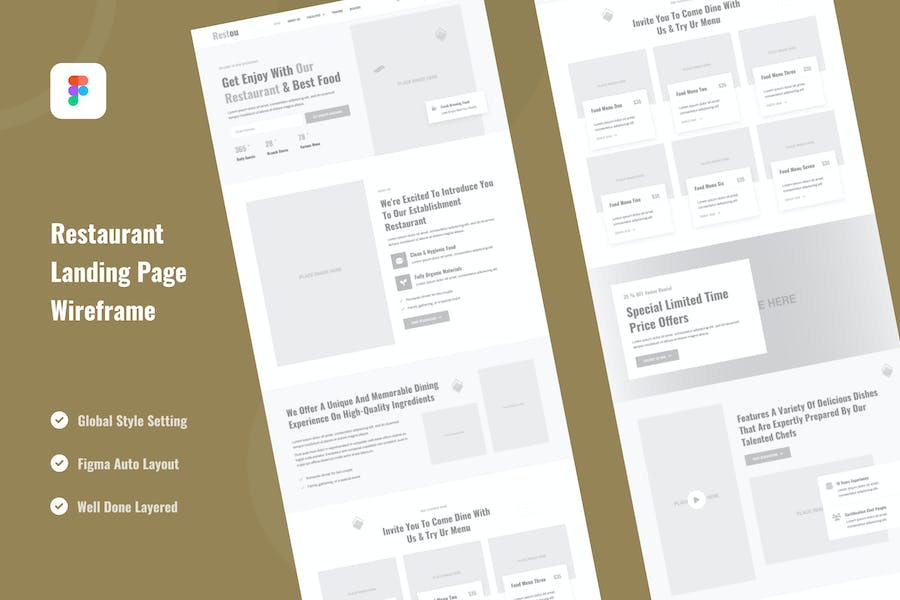 Banner image of Premium Restaurant Landing Page Website Wireframe Figma  Free Download