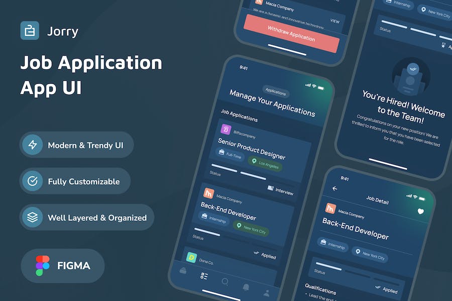 Banner image of Premium Jorry Job Application Dark Mode App UI  Free Download