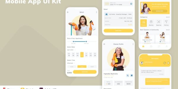 Banner image of Premium Home Cleaning Services Mobile App UI Kit  Free Download