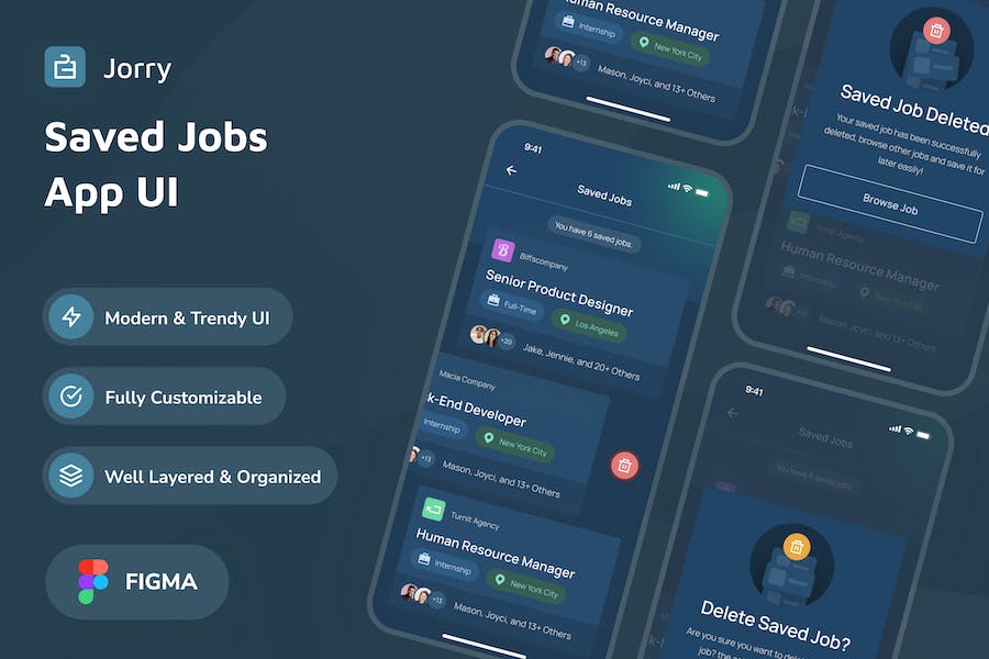 Banner image of Premium Jorry Saved Jobs Dark Mode App UI  Free Download