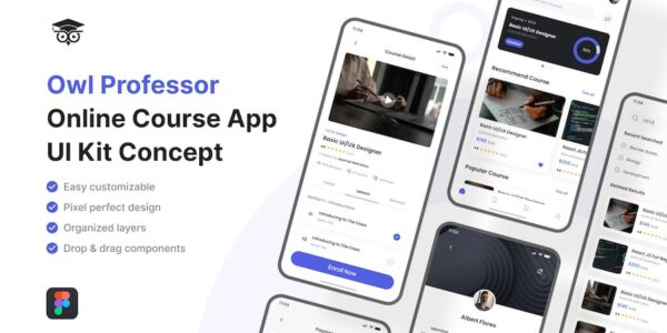 Banner image of Premium Owl Professor Online Course Mobile App UI Kit  Free Download
