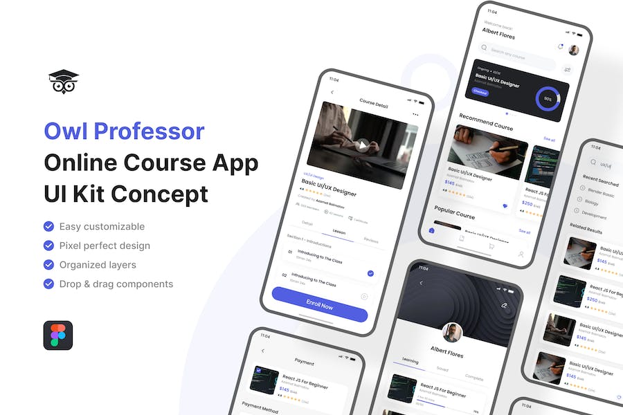 Banner image of Premium Owl Professor Online Course Mobile App UI Kit  Free Download