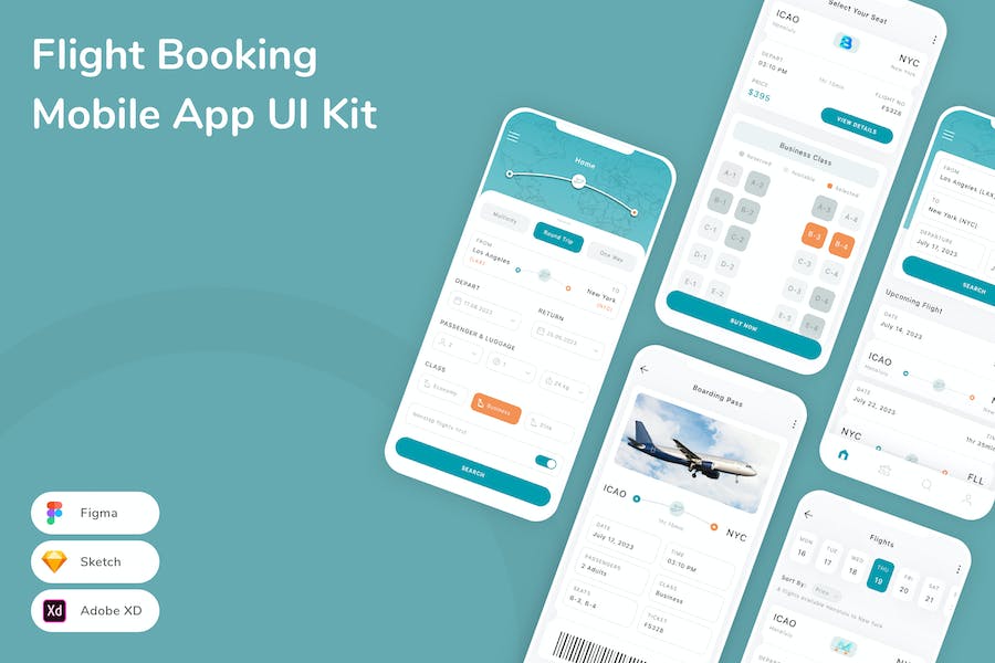 Banner image of Premium Flight Booking Mobile App UI Kit  Free Download