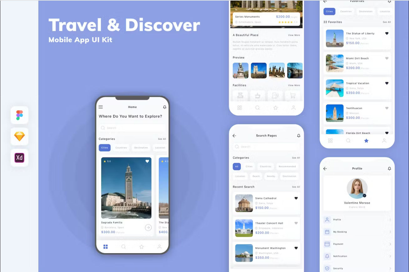 Premium Travel Discover Mobile App UI Kit Free Download