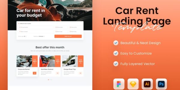 Banner image of Premium  Car Rental Landing Page Template   Free Download