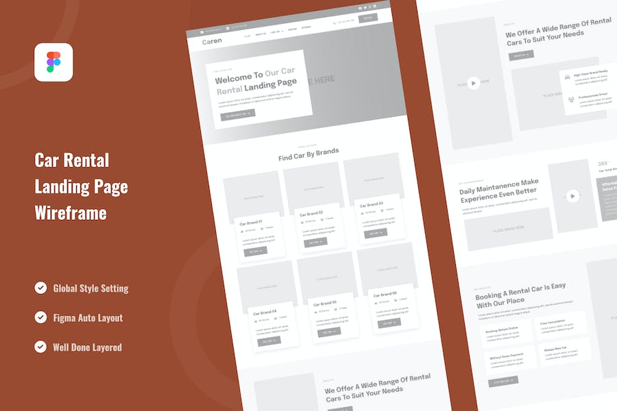 Banner image of Premium Car Rental Landing Page Website Wireframe  Free Download