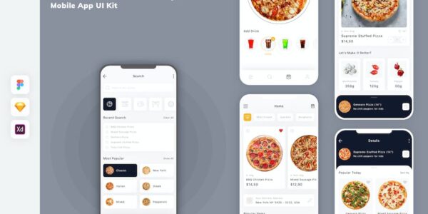 Banner image of Premium Pizza Delivery Mobile App UI Kit  Free Download
