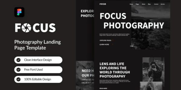 Banner image of Premium Focus Photography Landing Page - Figma  Free Download