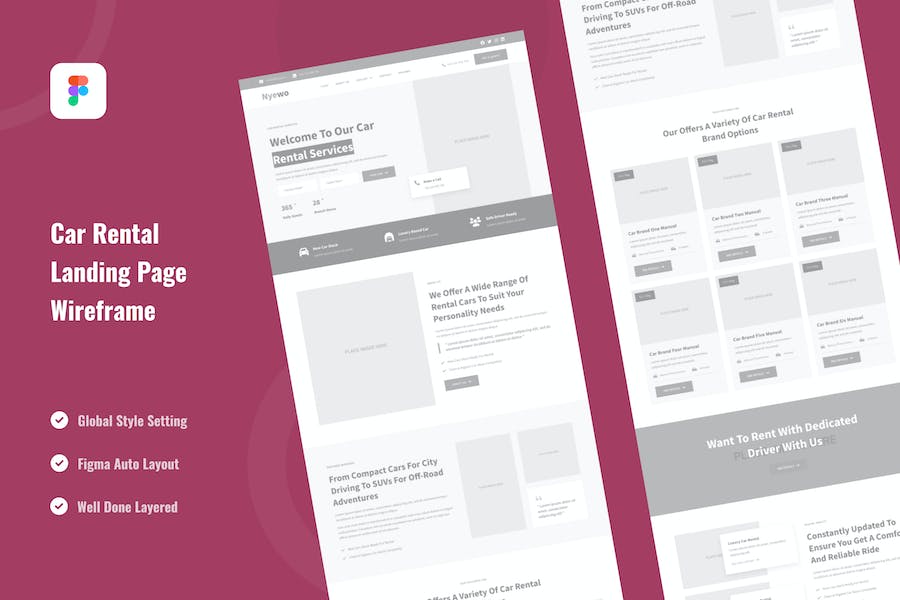 Banner image of Premium Car Rental Landing Page Website Wireframe Figma  Free Download