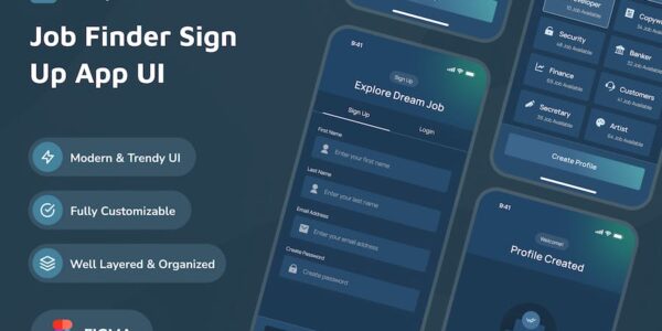Banner image of Premium Jorry Job Finder Sign-Up Dark Mode App UI  Free Download