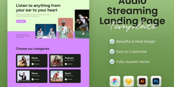 Banner image of Premium Audio Content Platform Landing Page Template  Free Download