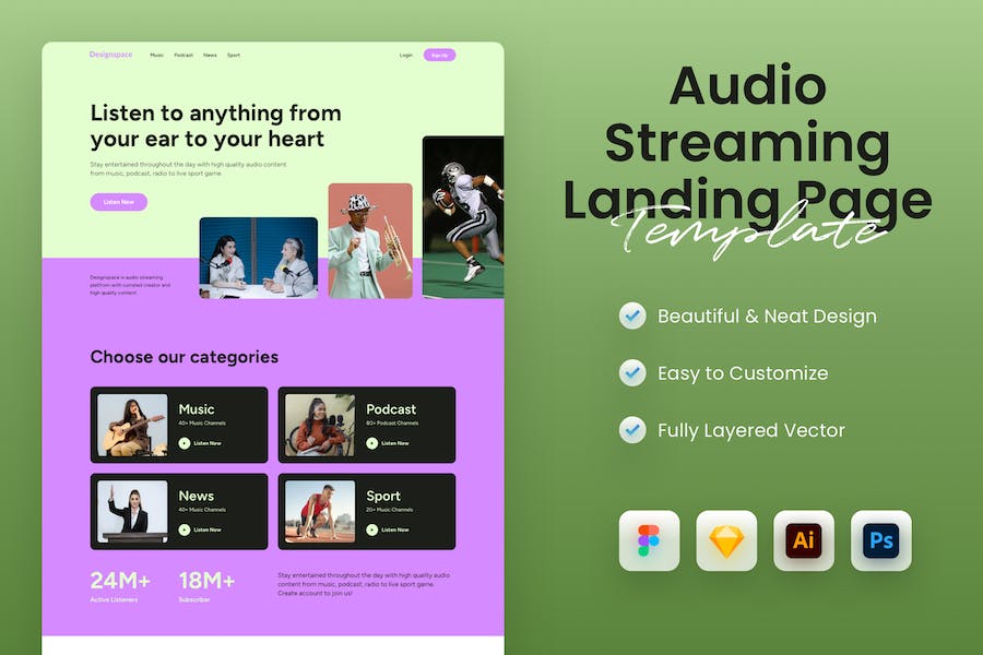 Banner image of Premium Audio Content Platform Landing Page Template  Free Download