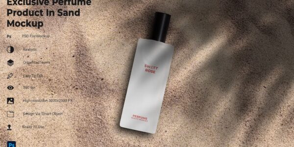 Banner image of Premium Perfume Product in Sand Mockup  Free Download