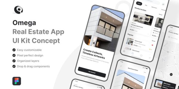 Banner image of Premium Omega Real Estate Mobile App UI Kit  Free Download