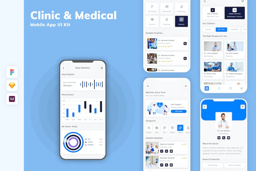 Banner image of Premium Clinic Medical Mobile App UI Kit  Free Download