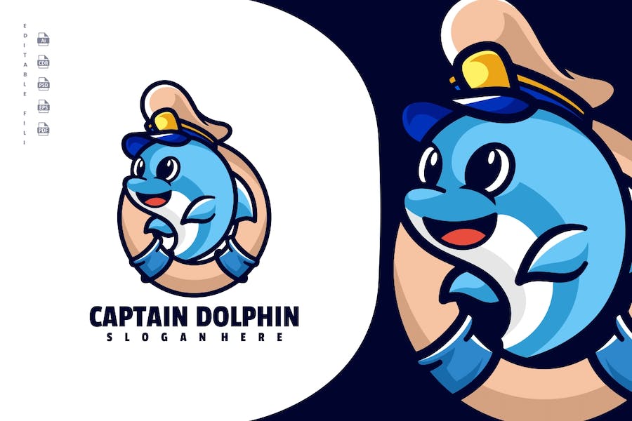 Banner image of Premium Captain Dolphin Character Cartoon Mascot Logo  Free Download