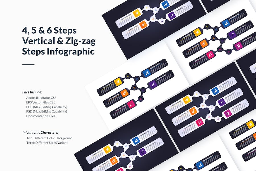Banner image of Premium Vertical Zig Zag Steps Infographics (4-6 Steps)  Free Download