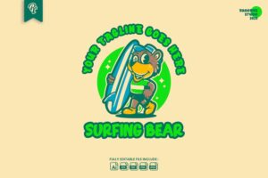 Banner image of Premium Bear Surfing Retro Cartoon Logo  Free Download