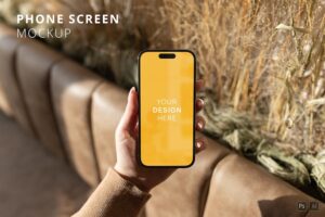 Banner image of Premium POV iPhone 14 Pro in Woman's Hands Mockup  Free Download