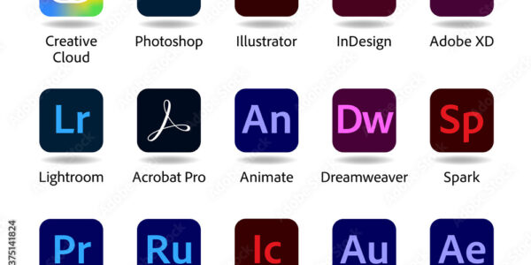 Set of popular Adobe apps icons Creative Cloud Photoshop Illustrator